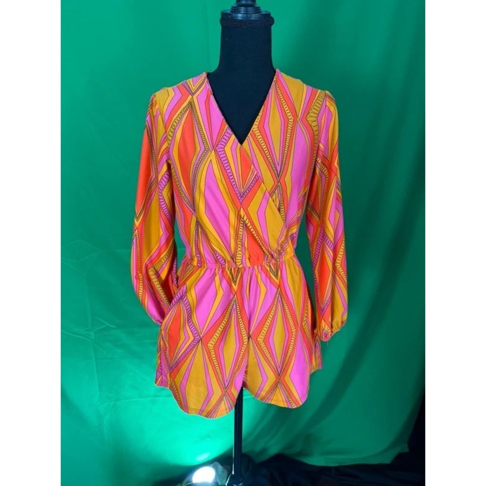 Jude Connally Romper XS Pink Orange Geometric Long Sleeve Stretch USA Made